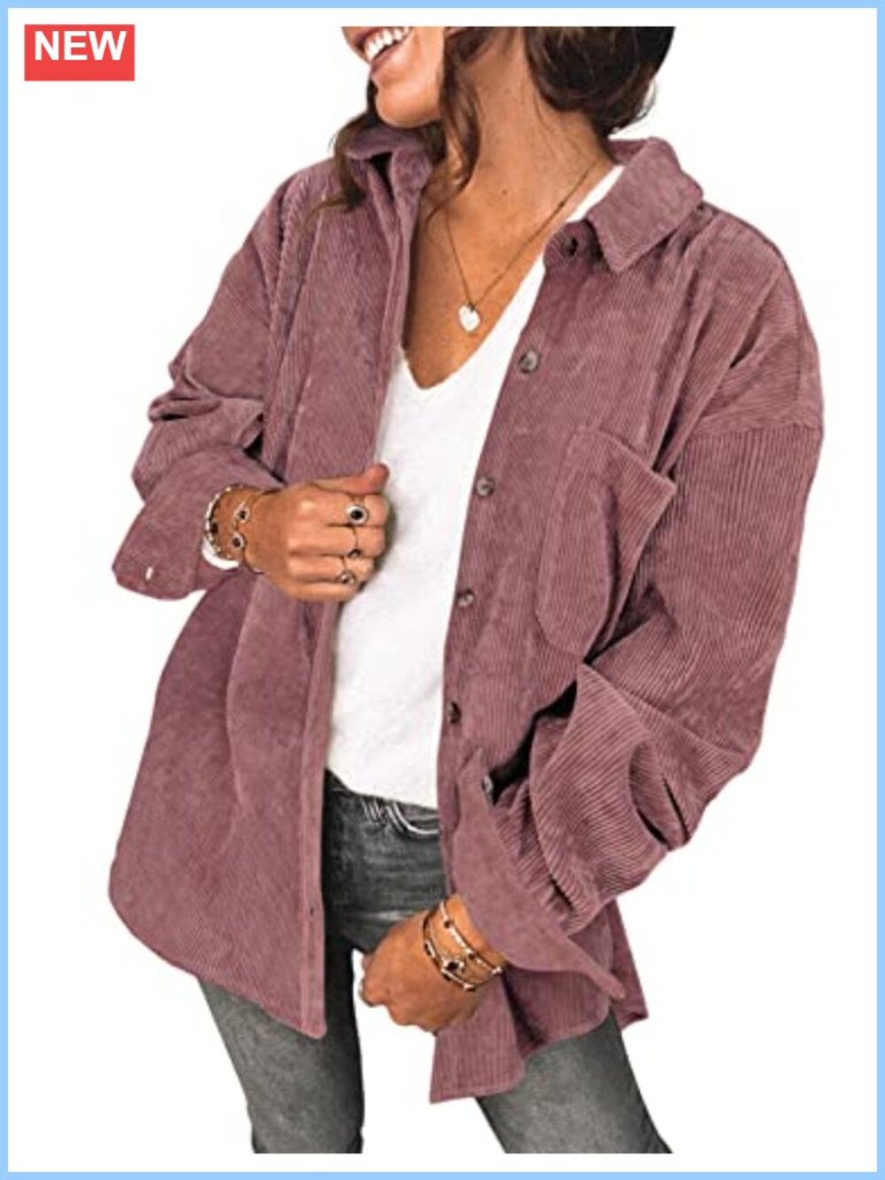 Oversized Lightweight Corduroy Button Down Shacket Jacket with Pockets
